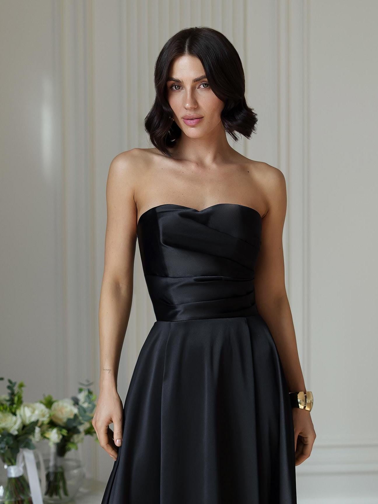 knee length dresses for ladies Sleek Black Satin Corset Midi Dress – Elegant and Timeless Evening Wea –  DIACO