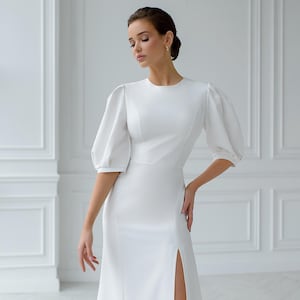 Elegant Midi Dress with Puff Sleeves – White Long Evening Dress, Midi Wedding Dress, Bridal Wedding Dress, Party Dress, Long Sleeved Dress