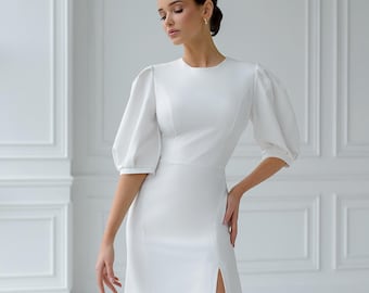 Elegante vestido midi con mangas abullonadas: vestido de noche largo blanco, vestido de novia midi, vestido de novia, vestido de fiesta, vestido de manga larga.