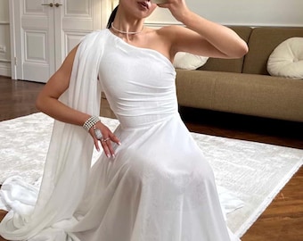 One Shoulder Chiffon Dress with Cape, Asymmetrical Dress, Flowing Evening Dress, Bridal and Wedding Midi Dress