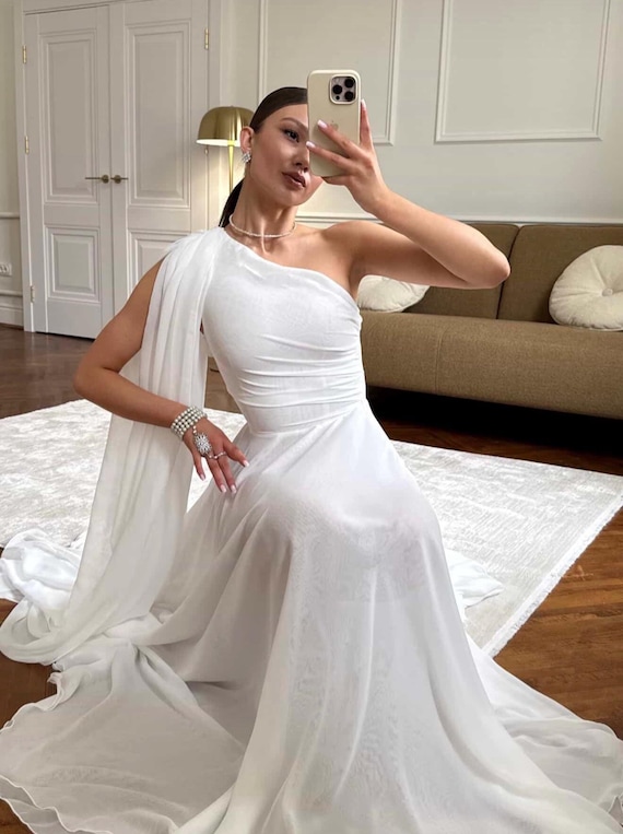 one shoulder chiffon asymmetric dress with Cape, Asymmetrical Dress, Flowing Evening Dress, Bridal and Wedding Midi Dress Women's dresses