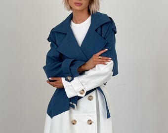White & Blue Cotton Trench Coat – Combination of Cotton with Satin Lining, Trench Coat Cotton, Women's Trench Coat, Combined Trench Coat