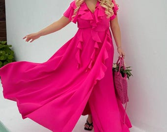 Elegantes Langes Wickelkleid, Plus Size Braut- und Hochzeitskleid