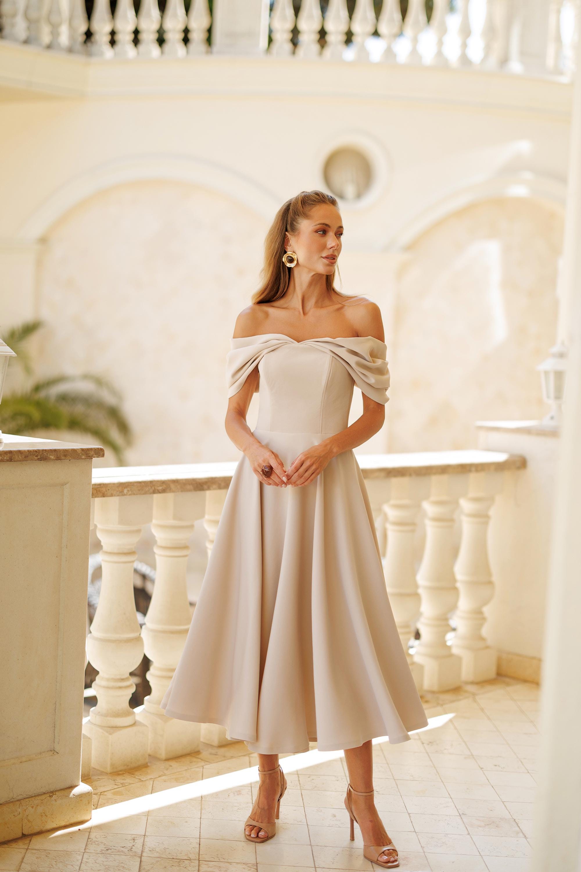 cream midi wedding dress Modest Crepe Wedding dress With Three Quarter Sleeves Adri midi Ready to Ship / White / 12 US (44 EU)