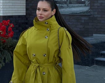 Black Women’s Double-Breasted Trench Coat With Belt, Epaulettes & Back Vent – Waterproof Parka Fabric, Classic Long Coat