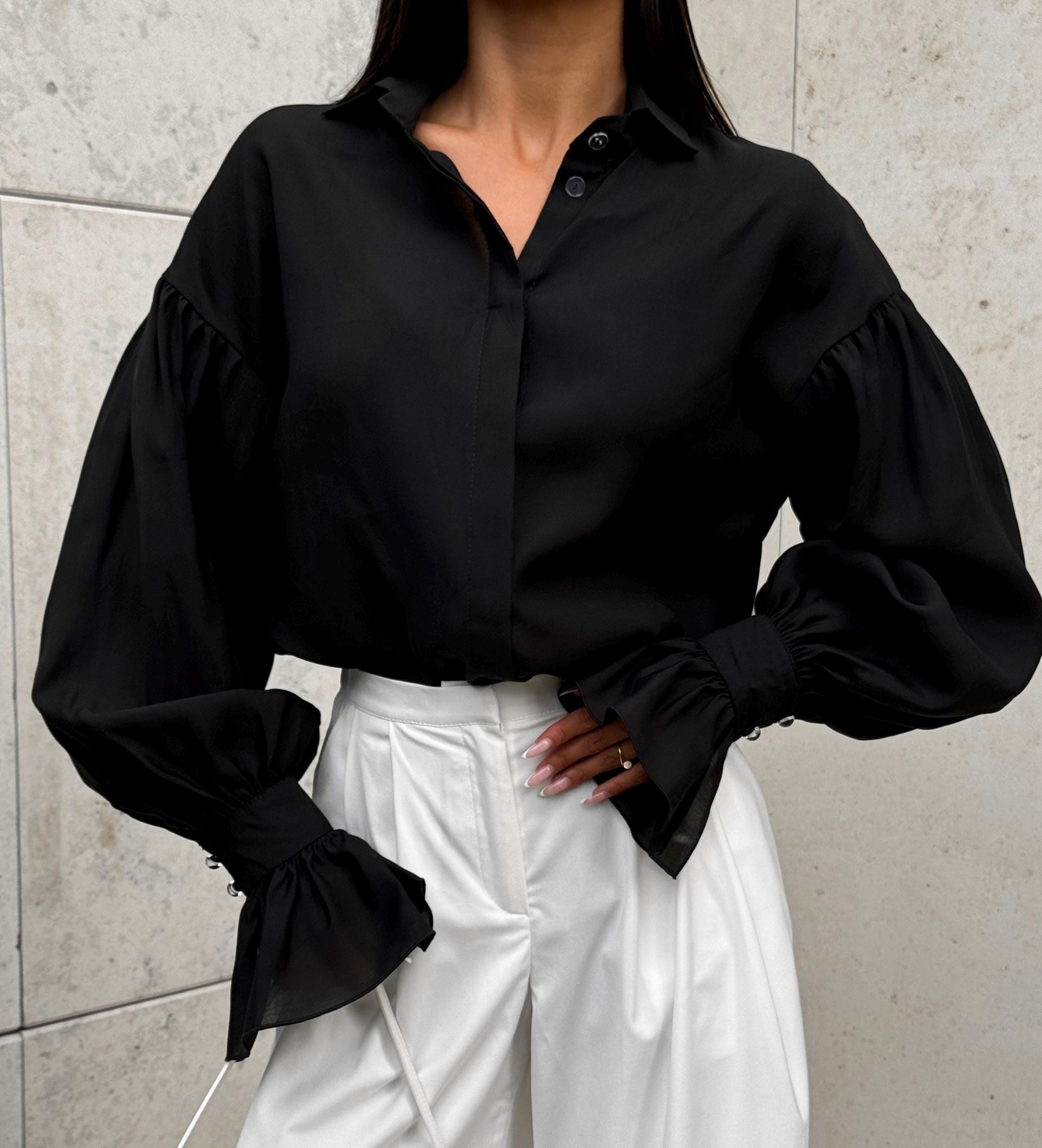 Black Elegant Blouse for Women, Sheer Organza Shirt, Blue Top With 