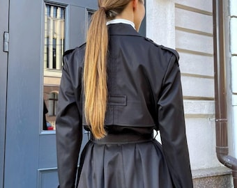 Black Women’s Double-Breasted Trench Coat With Belt, Epaulettes & Back Vent – Waterproof Parka Fabric, Classic Long Coat