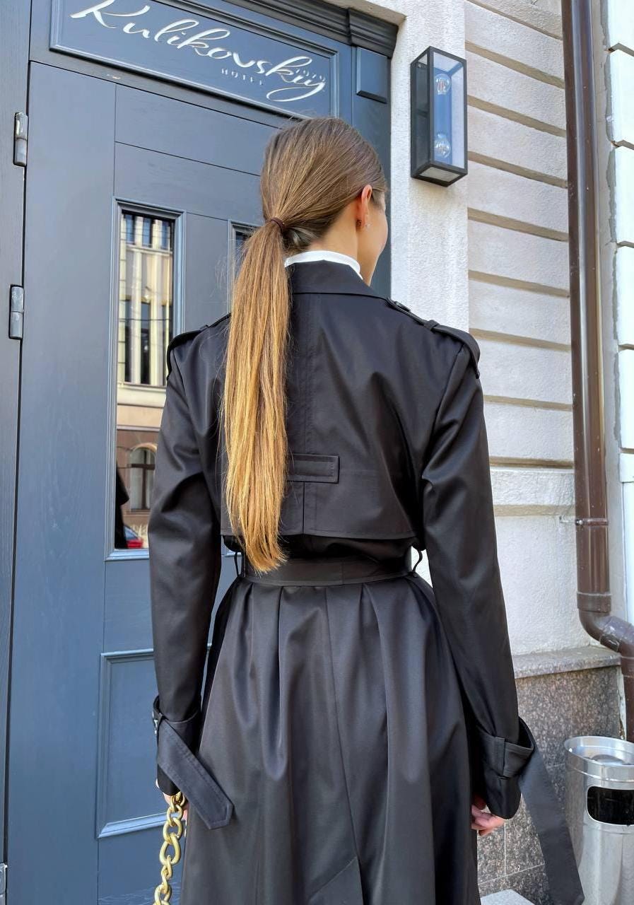 Black Women's Double-breasted Trench Coat With Belt, Epaulettes