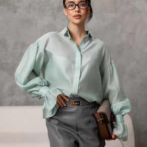 Elegante camicetta verde oliva per donna, camicia in organza trasparente, top rosa con maniche lunghe a palloncino, camicetta arancione da donna, camicetta vintage, camicetta semplice