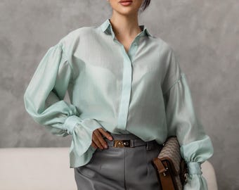 Elegant Blouse for Women, Sheer Organza Shirt, Pink Top with Long Bishop Sleeves, Womens Blouses