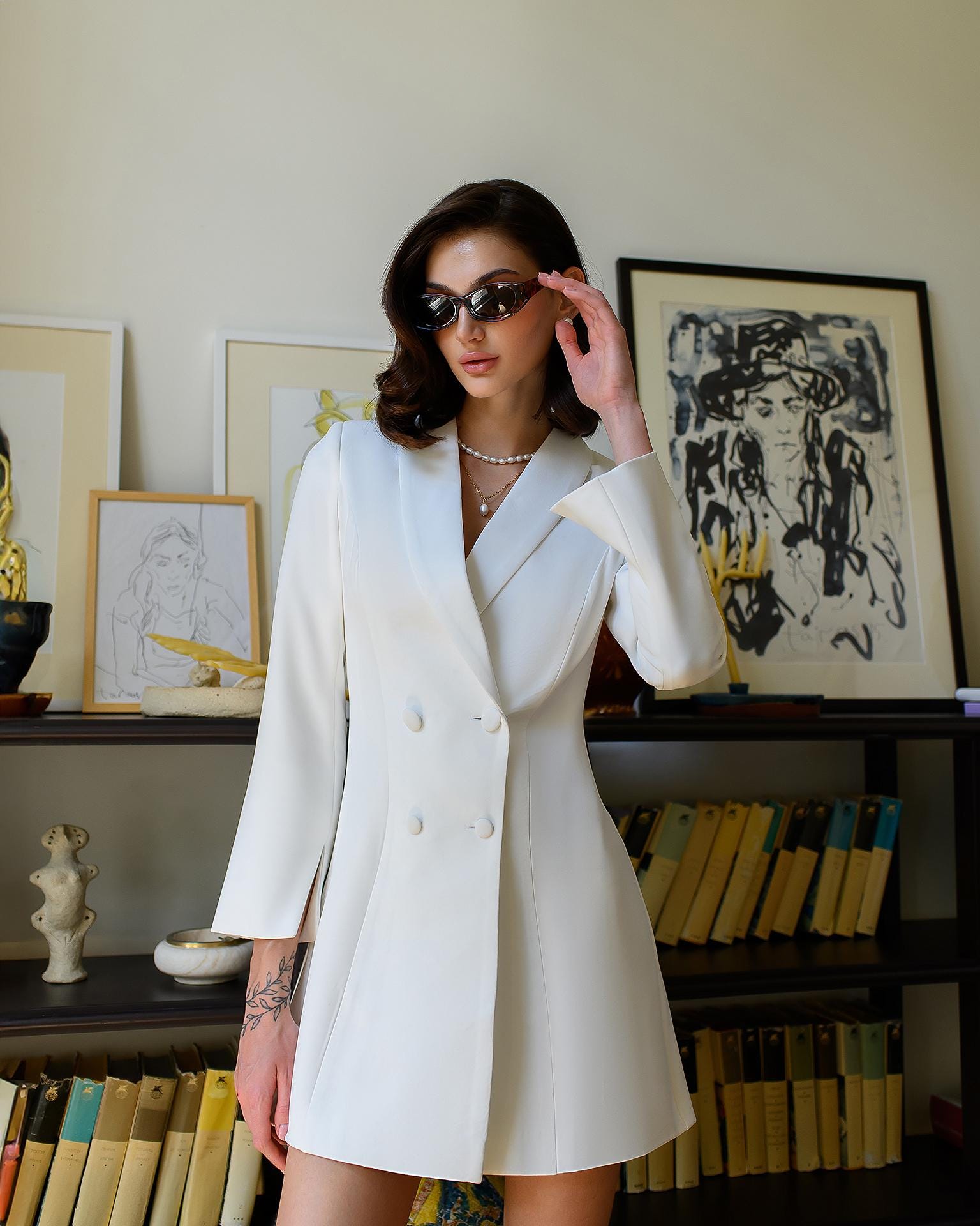 white blazer dress White Blazer Dress, Oversized Jacket Dress, Mini Blazer Dress White / XS-S / EE main image 0