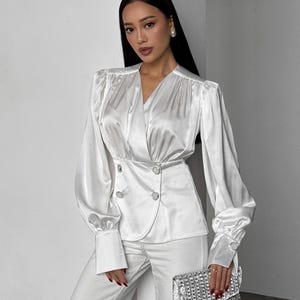 White Elegant Satin Blouse with V-Neck & Statement Sleeves, Women&#39;s Satin Blouse, Top with Sleeves, Vintage Satin Blouse, White Satin Blouse