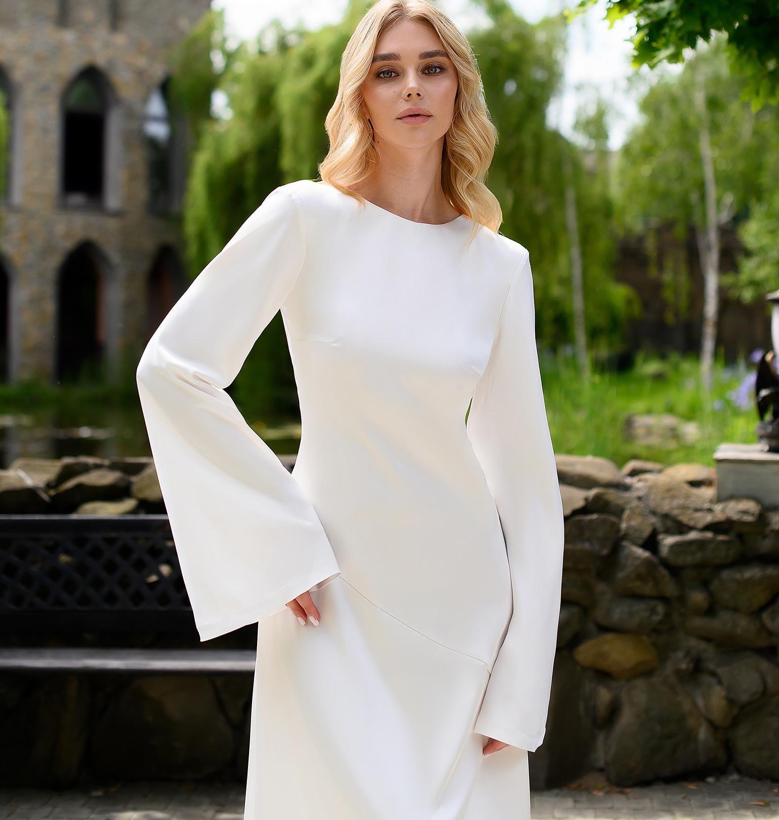 bell sleeve long white dress XFLWAM Women's Deep Vneck Wedding Guest Elegant Backless Pleated Formal Evening Maxi Long Dress L * 100% Cotton 19 Bell Sleeve Wedding Dresses