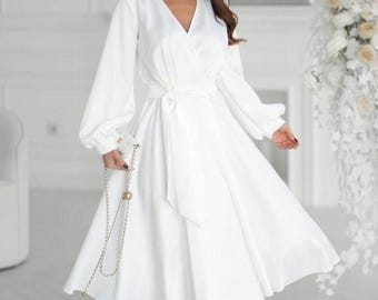 White Dress Midi, Royal Satin Dress, Midi Wedding Dress, Evening Dress  Long Sleeved Dress for Civil Ceremony, Dresses