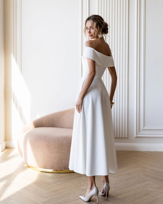 white flared skirt dress White Midi Dress with Airy Skirt, Bridal and Wedding Dress, Midi Wedding Dress, Midi White Dress, White Party Dress, Yellow Midi Dress