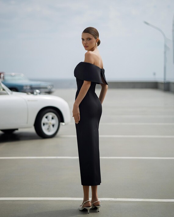 black off the shoulder midi dress Elegant Off-Shoulder Dress Midi