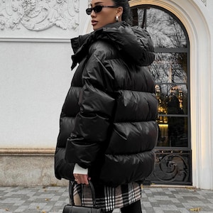 Black Winter Puffer Oversized, Warm Jacket Women, Bio Puffer Coat, Waterproof Detachable Hood, Oversized Winter Coat, Black Puffer Jacket