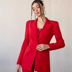 Roter formeller Hosenanzug - Einreihiger Blazer und gerade Hose mit hoher Taille, roter Blazer-Hosenanzug für Frauen, Brauthosenanzug groß