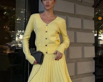 Women’s Knit Two Piece Set | Button Cardigan & Pleated Flared Skirt Above Knee | XS-XL | Milk, Beige, Lemon, Blue, Green | Knitted Outfit