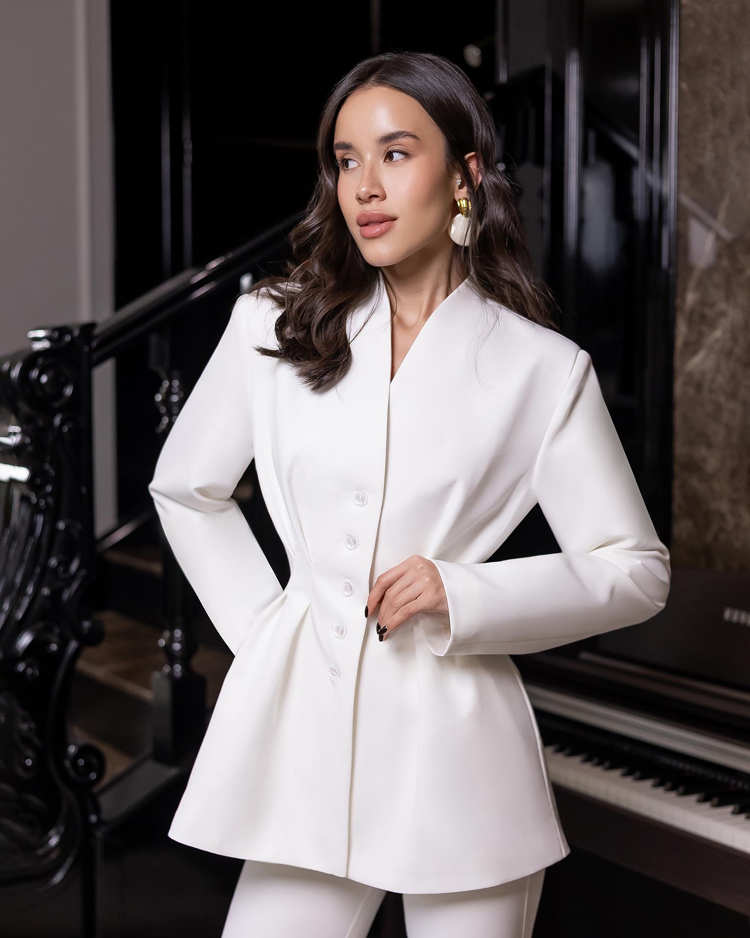 elegant knee length blazer dress White Warm Cotton Flannel Fit and Flare Knee Length Blazer Dress 44" / Custom Height (Free)
