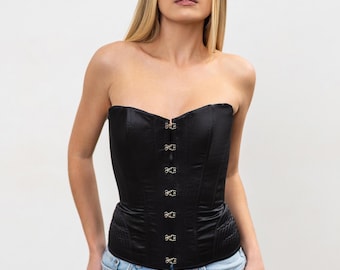 Black Satin Corset Top, Elegant Adjustable Lace-Up Corset, Structured Bustier Top, Gift for her