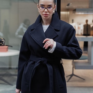 Black Wool Coat Long, Warm Wool Wrap Coat, Wool Coat with belt, Elegant Wool Coat, Minimalist Women&#39;s Coat, Autumn Classic Wool Coat