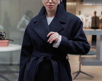 Black Wool Coat Long, Warm Wool Wrap Coat, Wool Coat With Belt
