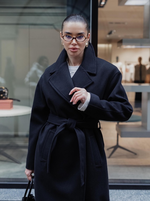 Wrap Coat Womens Wool Blend Coats Black Wool Coat Long, Warm Wool Wrap Coat,  Wool Coat