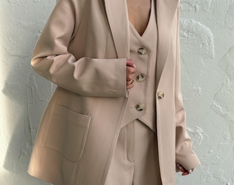 Elegant Beige Three-Piece Suit with Vest, Women's Suit Set, Classic Business Suit, Beige Women's Suit, Beige Office Set Suite, Pants Suit