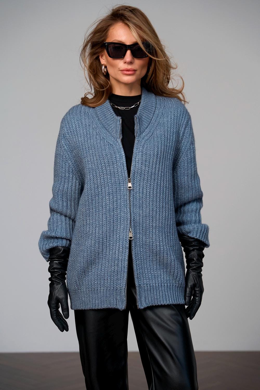 Cozy Wool-blend Knit Jacket With Zipper, Warm Textured Half-coat