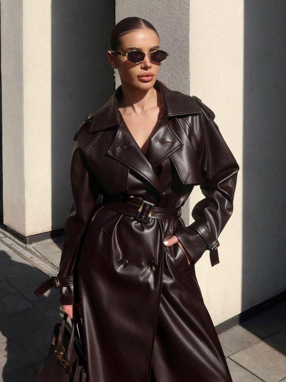 Chocolate Suede Trench Coat – Elegant & Versatile Outerwear with Jacquard Lining, Spring Trench Coat, Women's Trench Coat Long, Autumn Coat