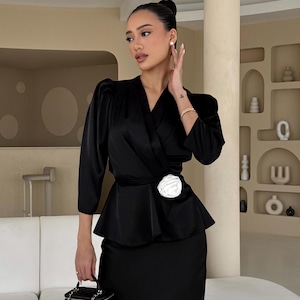 Black Elegant Two-Piece Set – Satin Blazer & Midi Skirt with Rose Belt, Black Silk Suit, Classic Business Suit, Black Office Set, Skirt Suit
