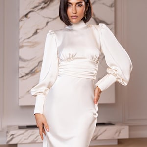 White Elegant Dress Maxi – Open Back with Bow, Royal Satin Dress, Midi Wedding Dress, White Evening Dress Long, White Long Sleeved Dress