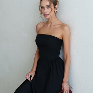 Black Elegant Corset Midi Dress – Voluminous Skirt, Black Strapless Dress, Black Summer Formal Dress, Black Dress Midi, Black Evening Dress