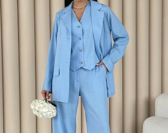 Linen Suit Set Vest and Pants with Blazer, Elegant Summer Suit,