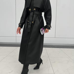 Gabardina de ante color chocolate: prenda elegante y versátil con forro de jacquard, gabardina de primavera, gabardina larga para mujer, abrigo de otoño Negro