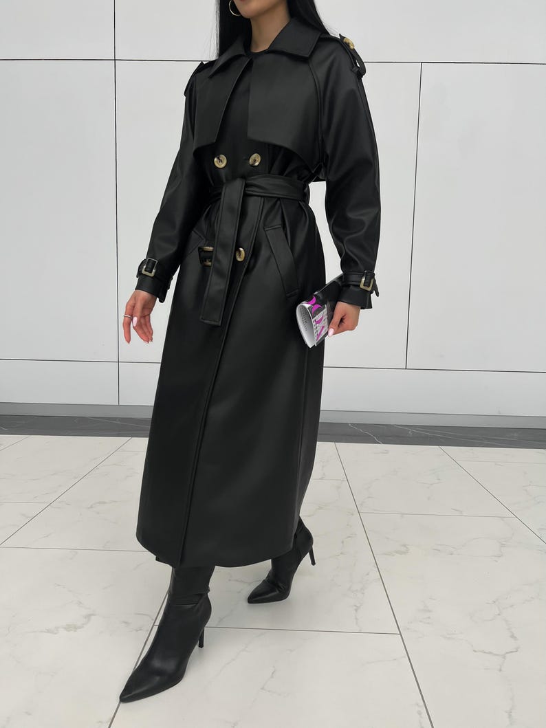 Gabardina de ante color chocolate: prenda elegante y versátil con forro de jacquard, gabardina de primavera, gabardina larga para mujer, abrigo de otoño Negro