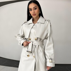 Gabardina de ante color chocolate: prenda elegante y versátil con forro de jacquard, gabardina de primavera, gabardina larga para mujer, abrigo de otoño Blanco