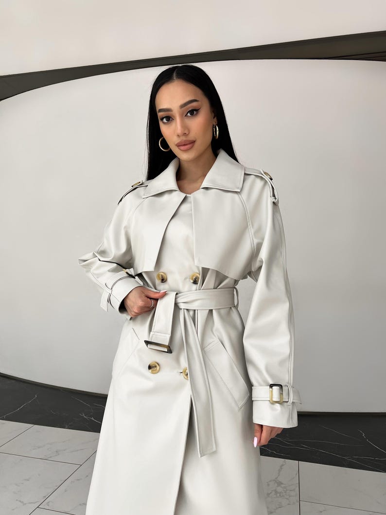 Gabardina de ante color chocolate: prenda elegante y versátil con forro de jacquard, gabardina de primavera, gabardina larga para mujer, abrigo de otoño Blanco