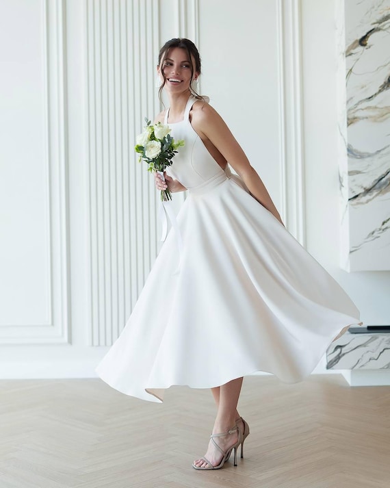 Elegant Ivory Midi Dress With Flared Skirt and Open Back, Wedding Dress, Bridal Dress, White Evening Dress, Minimalist Dress - Etsy Canada Elegant Ivory Midi Dress With Flared Skirt and Open Back, Wedding Dress, Bridal Dress, White Evening Dress, Minimalist Dress - Etsy Canada