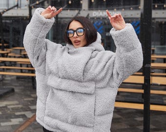 Gray Faux Fur Hoodie with Hood, Camel Eco Down Insulated Winter Jacket, Warm to -15 C, One Size Fits Most, Cozy Plush Outerwear for Women