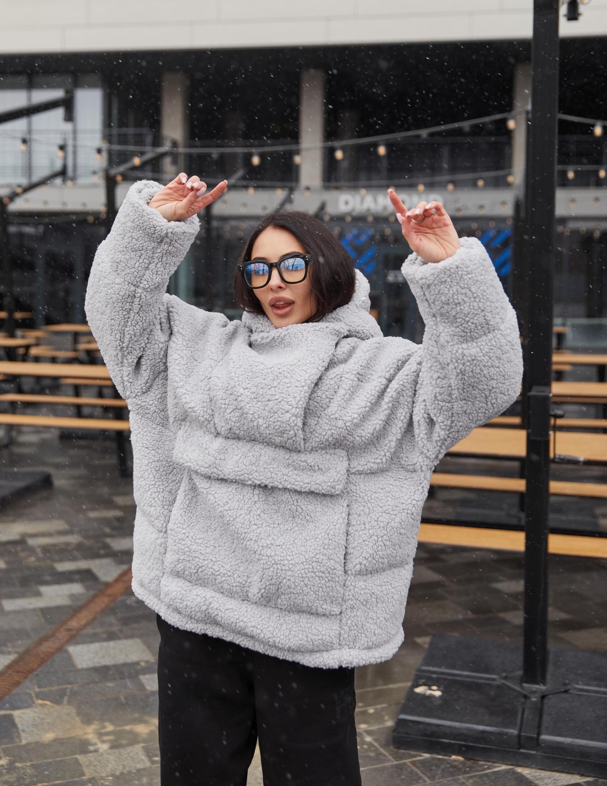 Gray Faux Fur Hoodie With Hood, Camel Eco Down Insulated Winter