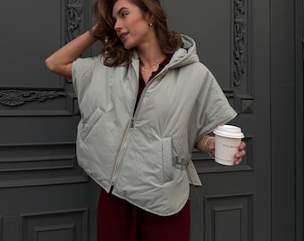 Women’s Puffer Vest with Hood, Lightweight Quilted Vest, Adjustable Hem Outerwear, Casual Vest