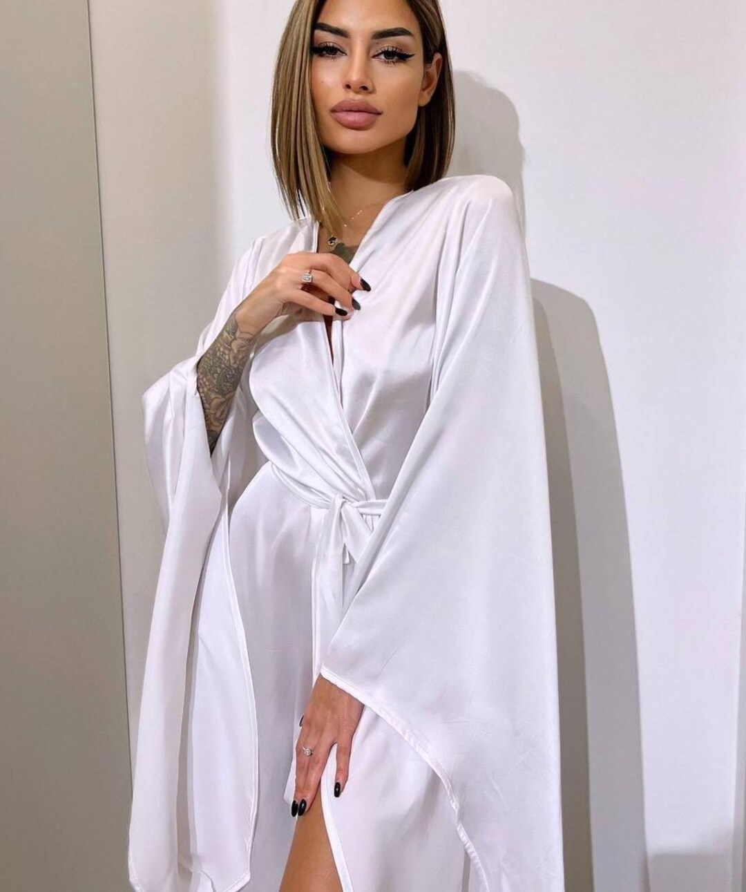 Silk Robe With Flared Sleeves & Waist Tie - Etsy