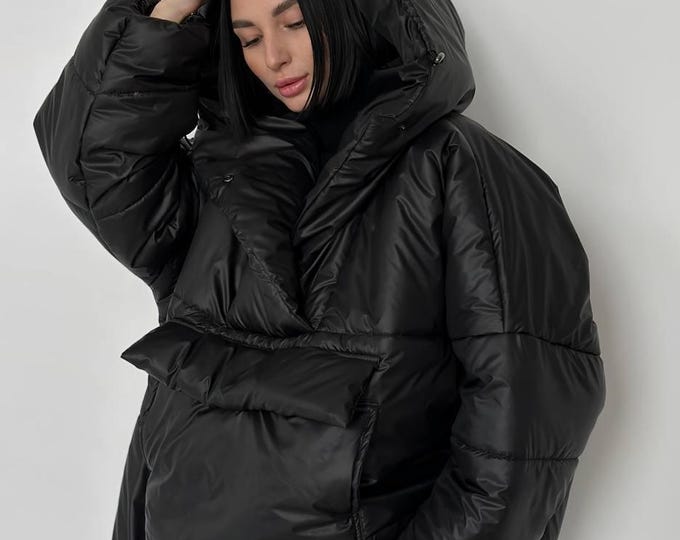Stylish Oversized Puffer Anorak Women Hooded Winter Coat Silicone Filled Casual Streetwear Jacket Plus Size