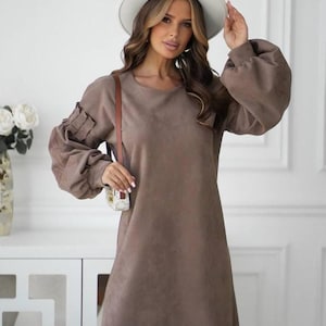 blue dress for baby girl Chic Plus Size Autumn Brown Suede Dress for Holidays & Everyday Elegance main image 0