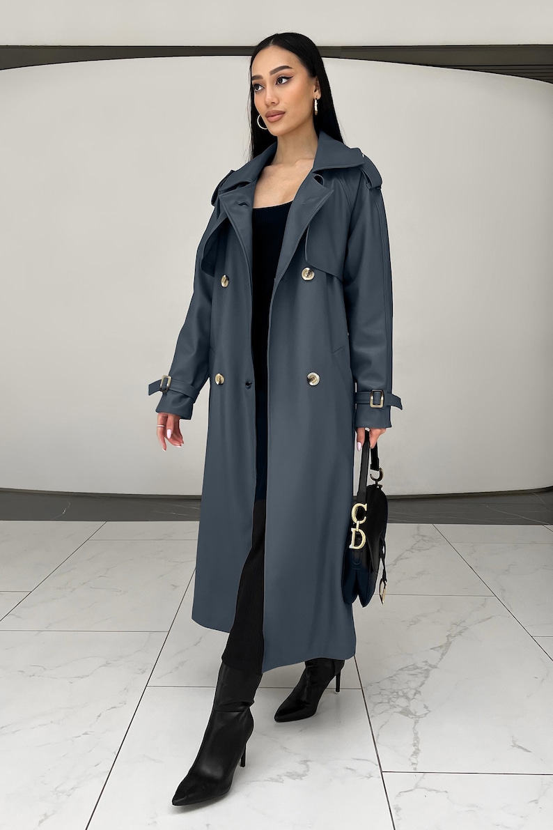 Gabardina de ante color chocolate: prenda elegante y versátil con forro de jacquard, gabardina de primavera, gabardina larga para mujer, abrigo de otoño imagen 11