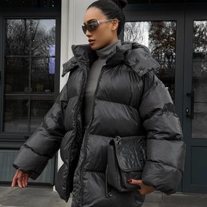 Gray Winter Puffer Oversized, Warm Jacket Women, Bio Puffer Coat, Waterproof Detachable Hood, Oversized Winter Coat, Graphite Puffer Jacket