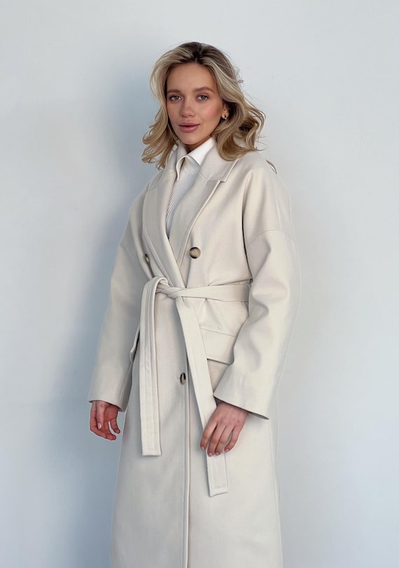 Trench Coat With White Wool Wrap Coat Italian Manteco Wool Blend