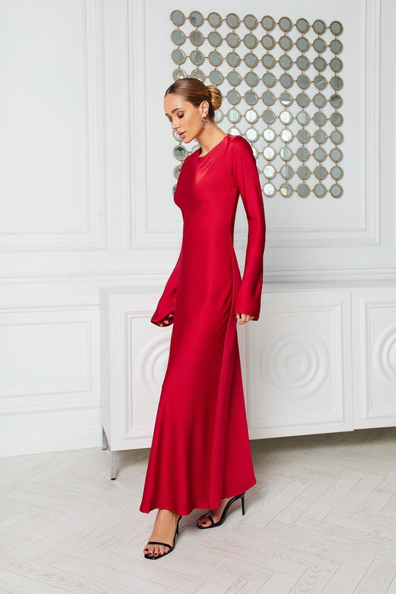 elegant red dress Chic Fitted Evening Formal With Long Sleeve 36 Package Contents Red Satin A-Line Pm ss